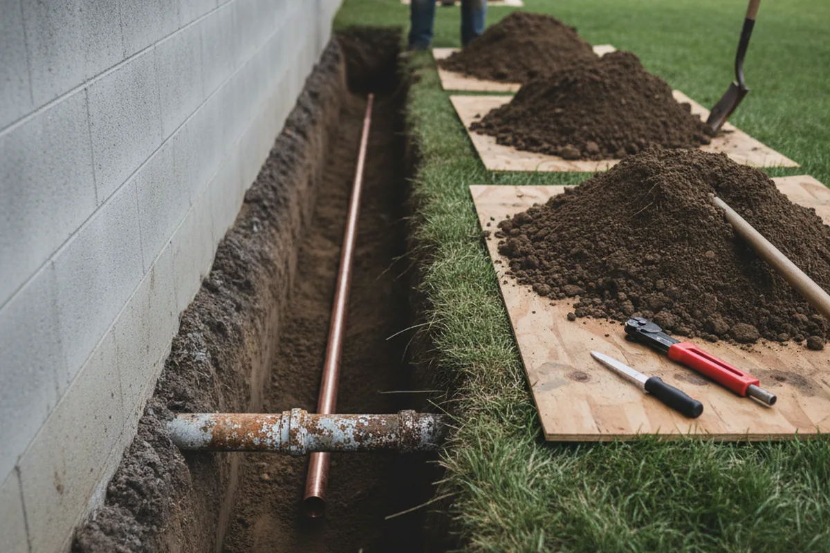 Excavated water line trench during Water Heater Repair in Richland